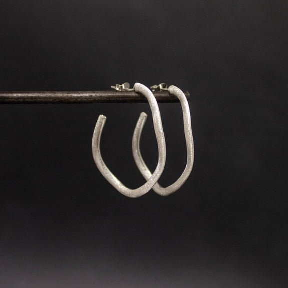 Silver Hoop Earrings, Brushed Wave Design Studs for Women