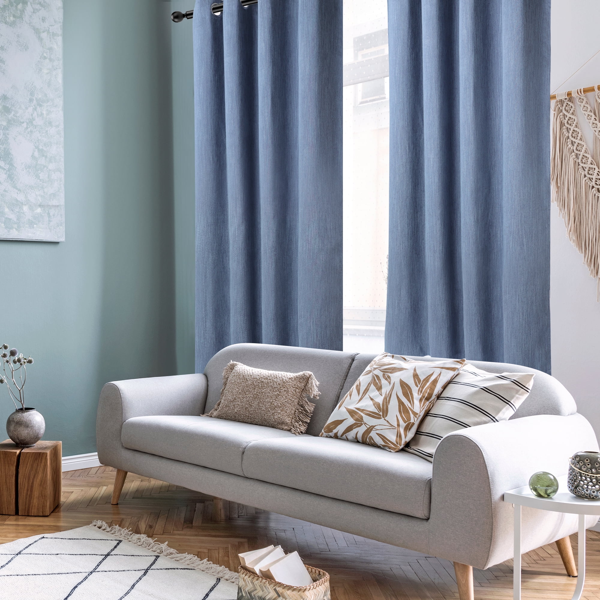 PiccoCasa 2 Panels Bedroom Linen Look Blackout Curtains Steel Blue 52" x 95"