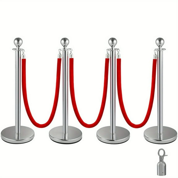 ​​4 Pcs Stanchion Poles, with 5ft Red Velvet Ropes and Fillable Base - Premium Crowd Control Barriers for Events/Hotels/Red Carpet