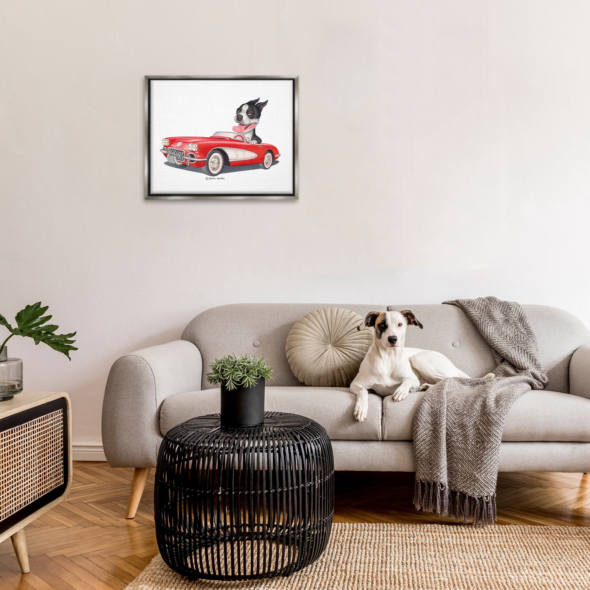 Stupell Industries Dog Driving Vintage Convertible Animals & Insects Painting Gray Floater Framed Canvas Art Print Wall Art, 31 x 25