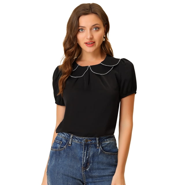 Blusa de Verano Allegra K Cuello Peter Pan Mangas Abullonadas Negro S