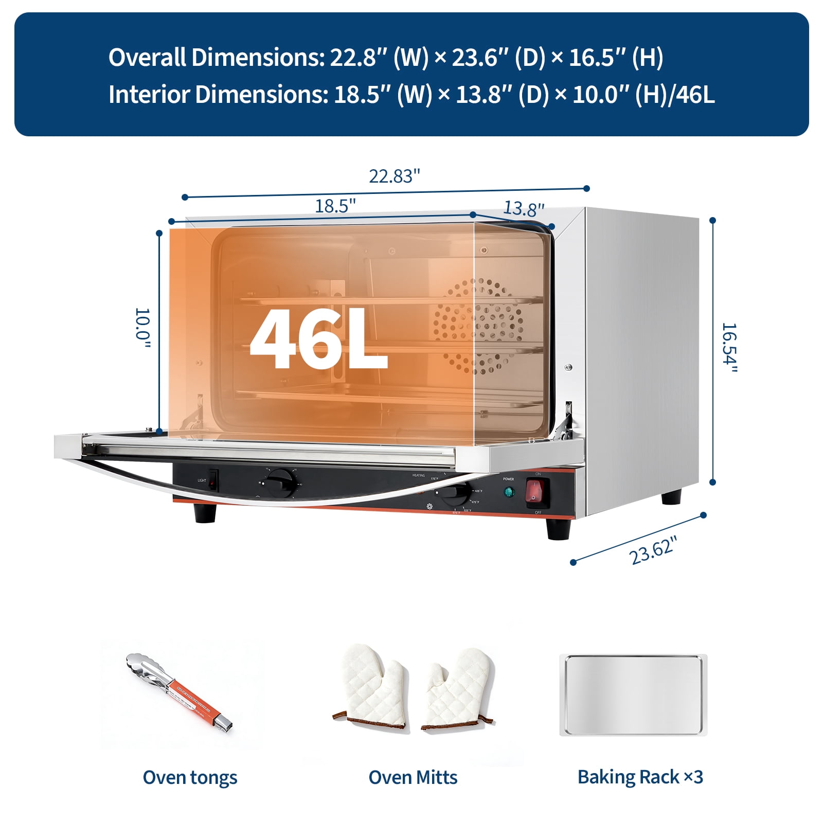 42Qt Commercial Countertop Convection Oven – 3-Tier Toaster, Air Fryer Combo, Front Glass Door, 2400W, 3 Trays & Wire Racks, Kitchen Appliance – 1.5 cu ft, Half-Size, US Plug 1.5m, Temp 30°C-300°C
