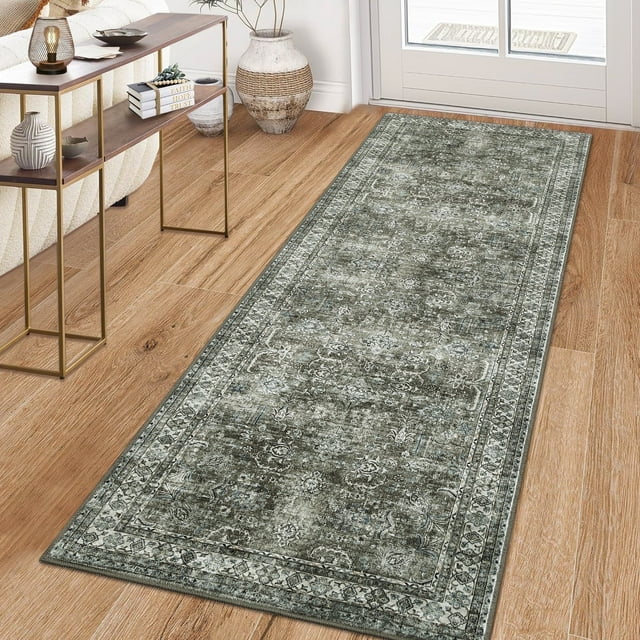 Bingirl 2'x6' Vintage Persian Runner Rug for Hallway, Non Slip Machine Washable Rugs Low Pile Distressed Indoor Rug Floral Print Carpet for Entryway Bedroom Kitchen, Green