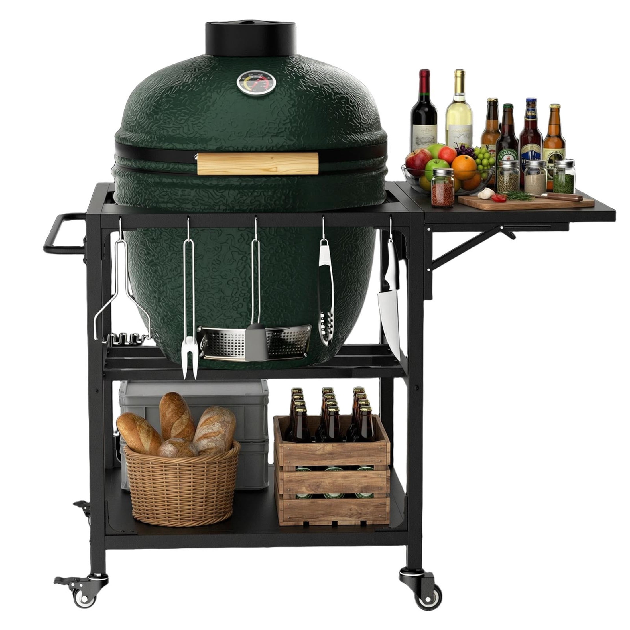 Noble House Heavy-Duty Rolling Grill Cart, Metal Outdoor Prep Table with Storage Shelf, Removable Central Cover, Black