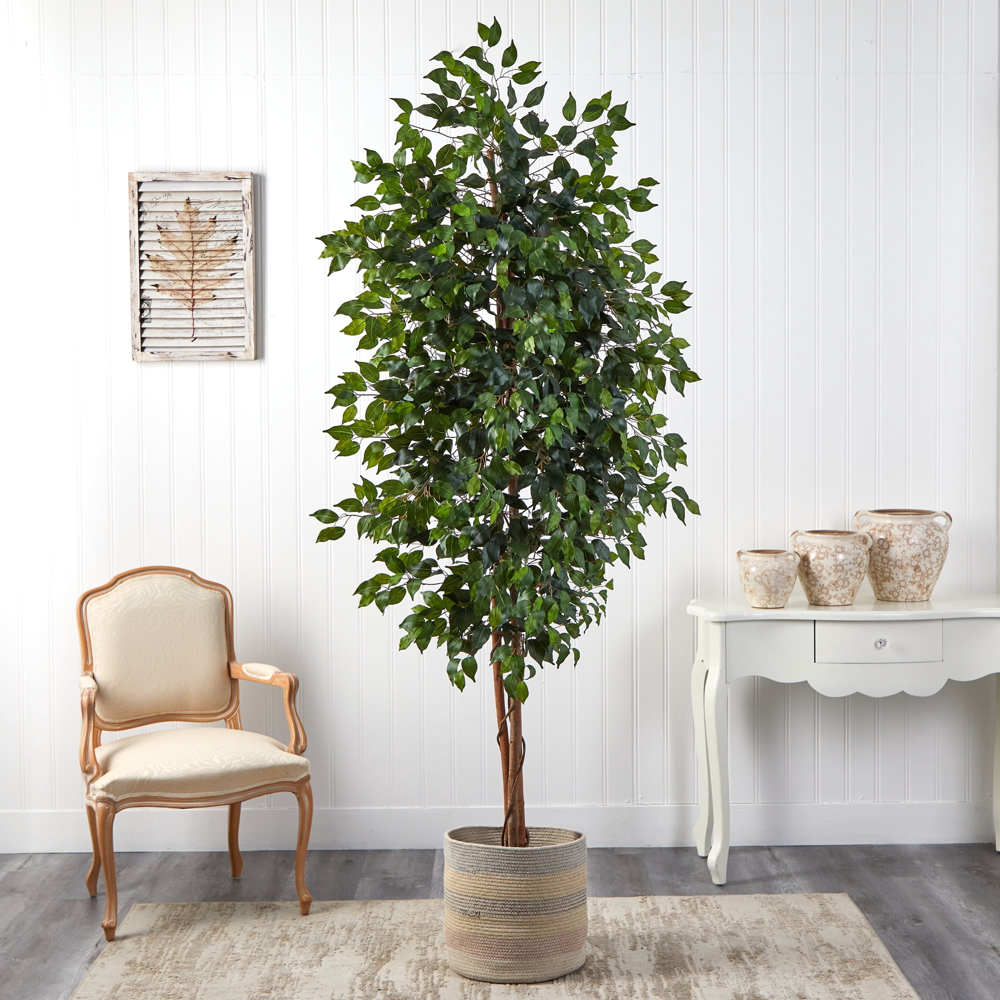 8' Artificial Ficus Artificial Trees in Wood Cotton Planter , by Nearly Natural
