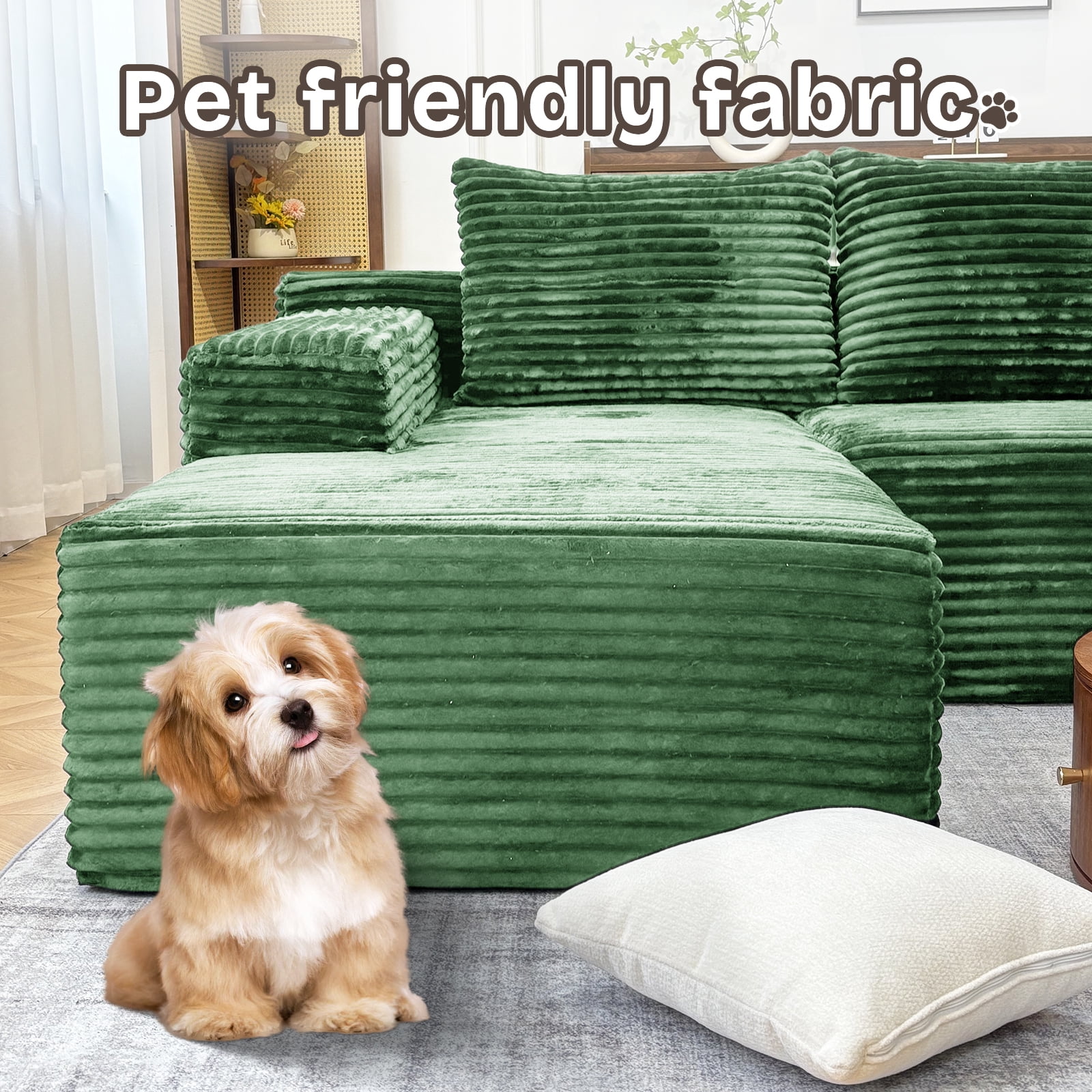 Kelyda 104'' Modular L-Shaped Sectional Sofa, Modern Memory Foam Deep Seat Corduroy Boneless Cloud Couch Green