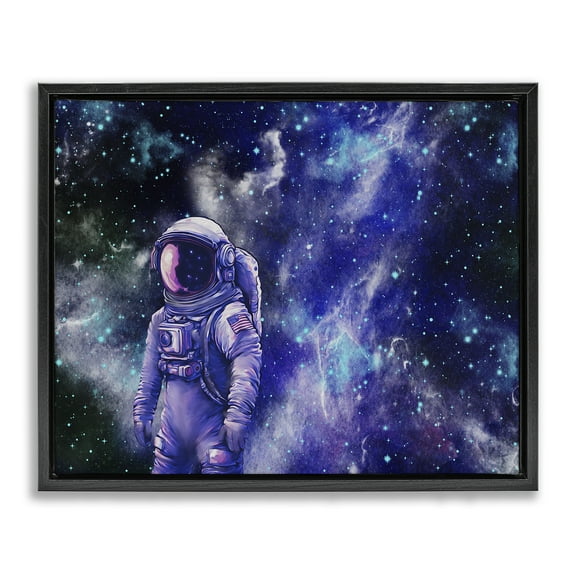 Stupell Industries Astronaut with Blue Nebula Outer Space Painting Black Floater Framed Canvas Art Print Wall Art, 21 x 17