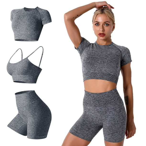 IBTOM CASTLE Women Workout Sets Yoga Outfits, Short Sleeve Crop Top with High Waisted Running