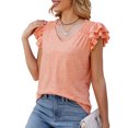 thumbnail image 3 of Top de verano para mujer, cuello en V, hombros fruncidos, manga corta con volantes, Tops básicos sueltos informales elegantes, naranja XL, 3 of 7