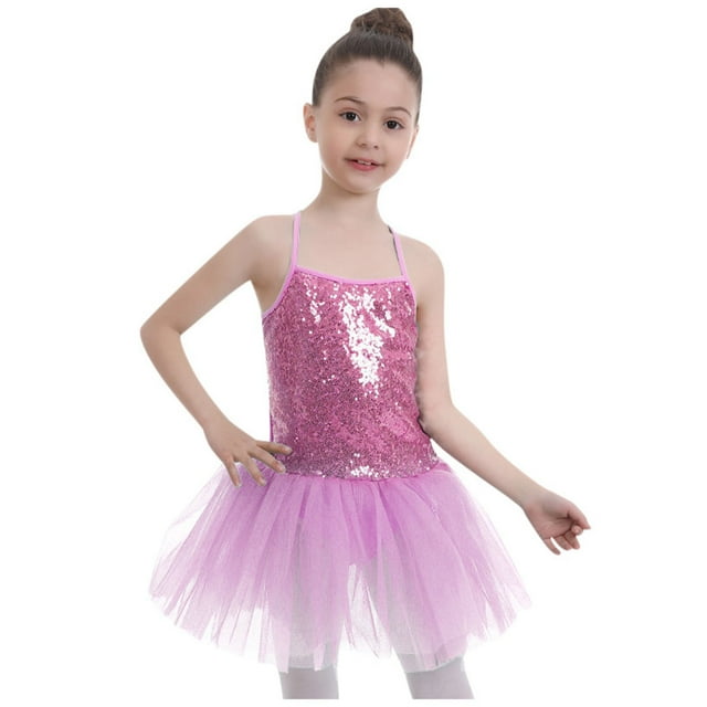 TIEVOSA Camisole à Paillettes pour Filles, Robe de Danse Ballet, Justaucorps Tutu à Jupe, Tenue de Ballerine pour 5-6 Ans (Rose)