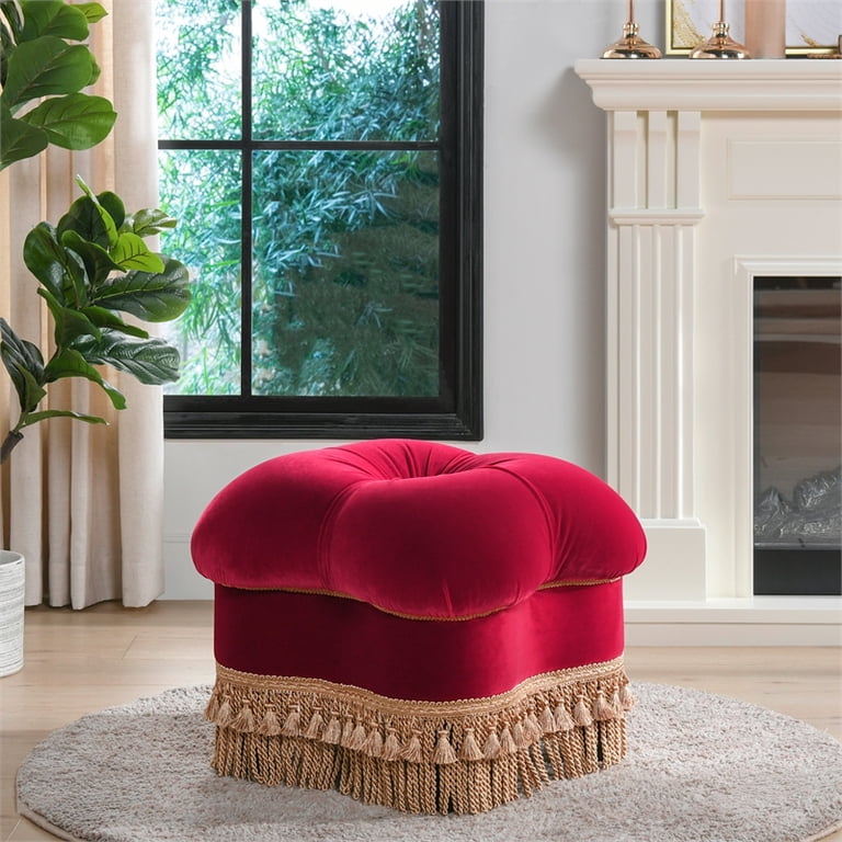 Jennifer Taylor Home Velvet Round Ottoman, Hand-Tufted, Siren Red