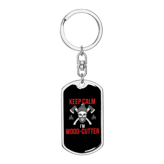 Keep Calm I Cut Wood Swivel Keychain Woodworker Dog Tag Stainless Steel or 18k Gold