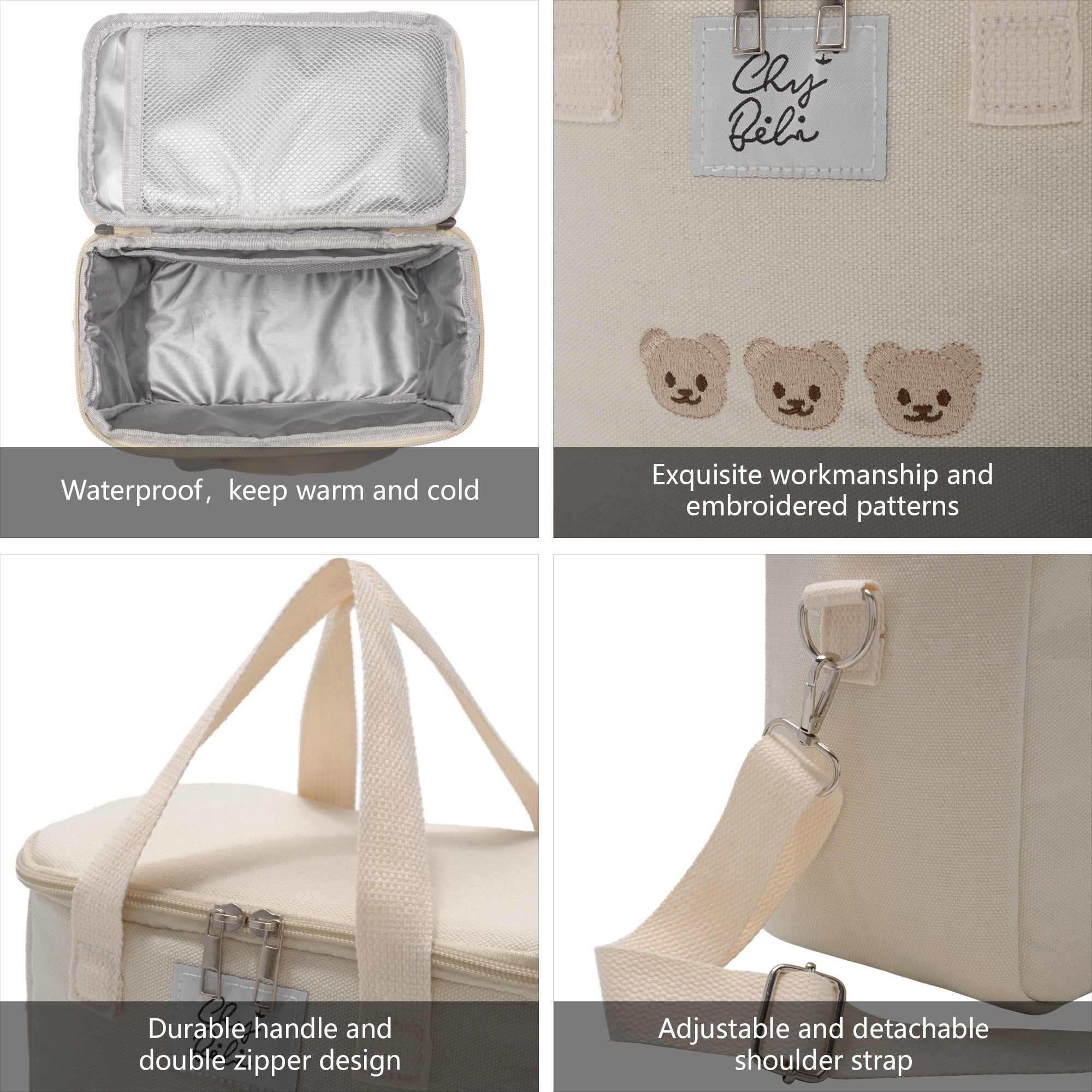 Minsong Insulated Cooler Bag Embroidered Insulation Bag, Versatile Multifunctional Lunch Box bag Portable Baby Bottle Handbag Mommy Bag Beige