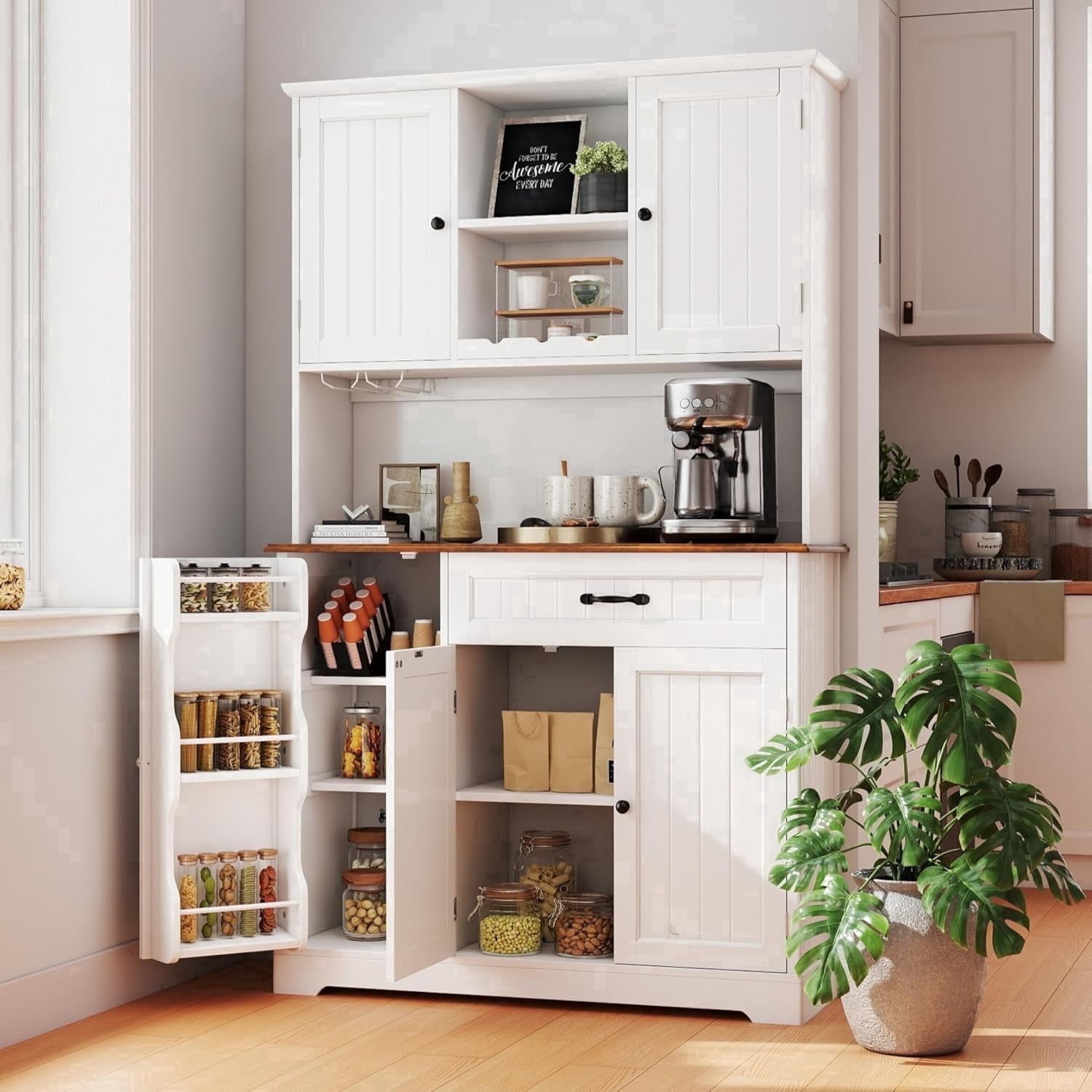 67" Kitchen Hutch Cabinet with 5 Doors and 14 Shelves, Noelse Large Wooden Kitchen Pantry Storage Cabinet with Drawer, Tall Coffee Bar for Dining Room, White and Rustic