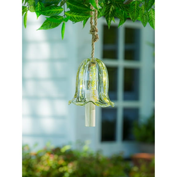 Evergreen Art Glass Speckle Yellow Floral Shaped Bell Chime- 7 x 7 x 7 Inches Outdoor Decor
