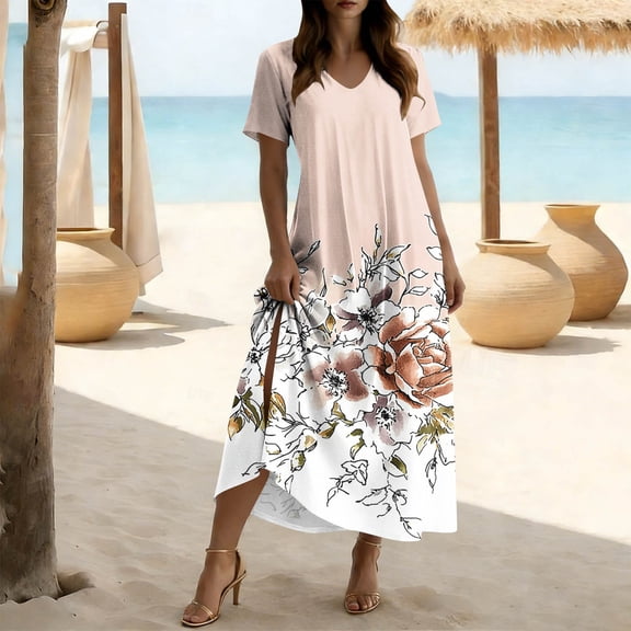 Summer Dresses for Women 2026 Beach Loose Casual Dress Short Sleeved V Neck Vacation Beach Sundresses Floral Travel Dress Women's Maxi Dresses