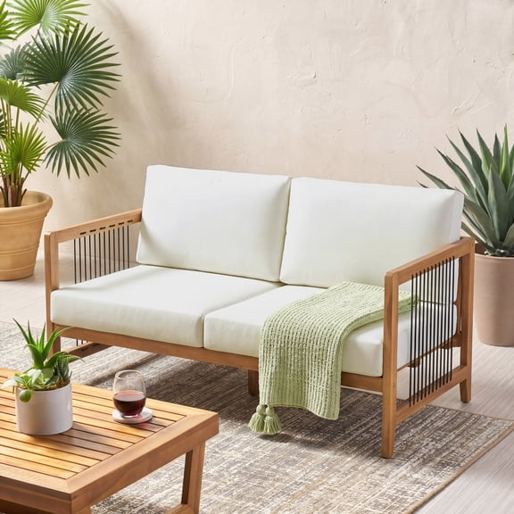 Christopher Knight Home Outdoor Acacia Wood Loveseat with Handwoven Rope and Cushions, Teak Beige
