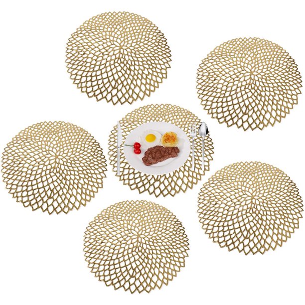 Juego de manteles individuales antideslizantes lavables de PVC de 6 elegantes manteles individuales resistentes al calor para cocina restaurante dorado