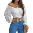 thumbnail image 4 of MIRACMODA Mujer Fuera del Hombro Fruncido Lazo Espalda Crop Top Verano Linterna Manga Boho Camisa Blusa, 4 of 5