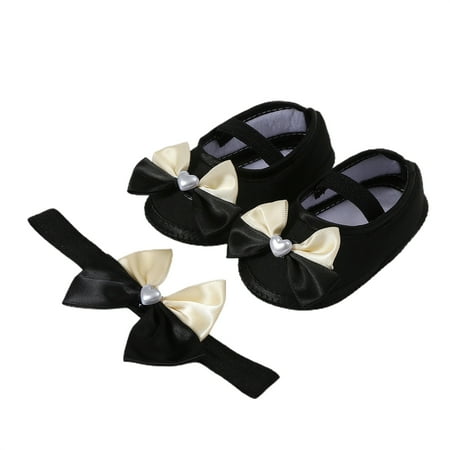 Loliuicca Baby Girls Baptism Shoes and Headband Heart Pearl Flats Hairband Set