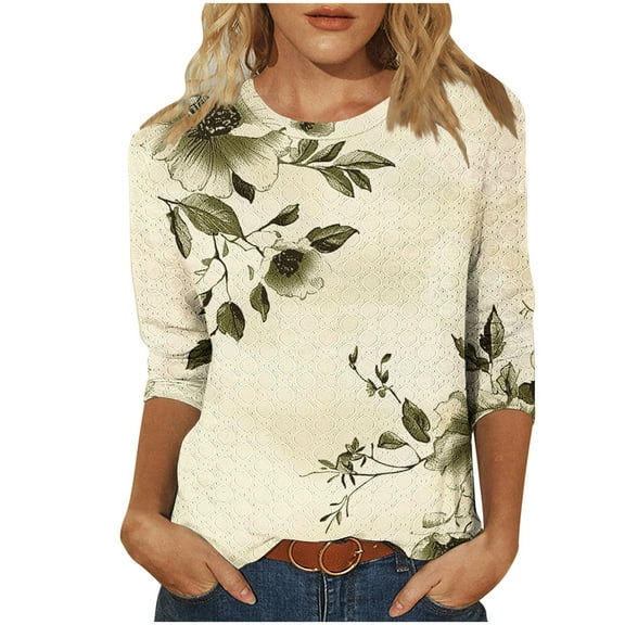 Jsaierl 3/4 Sleeve Womens Tops Plus Size Round Neck Shirts Trendy Print Petite Hollow Out Blouses Workout Loose Fit Tunic Top S-2XL
