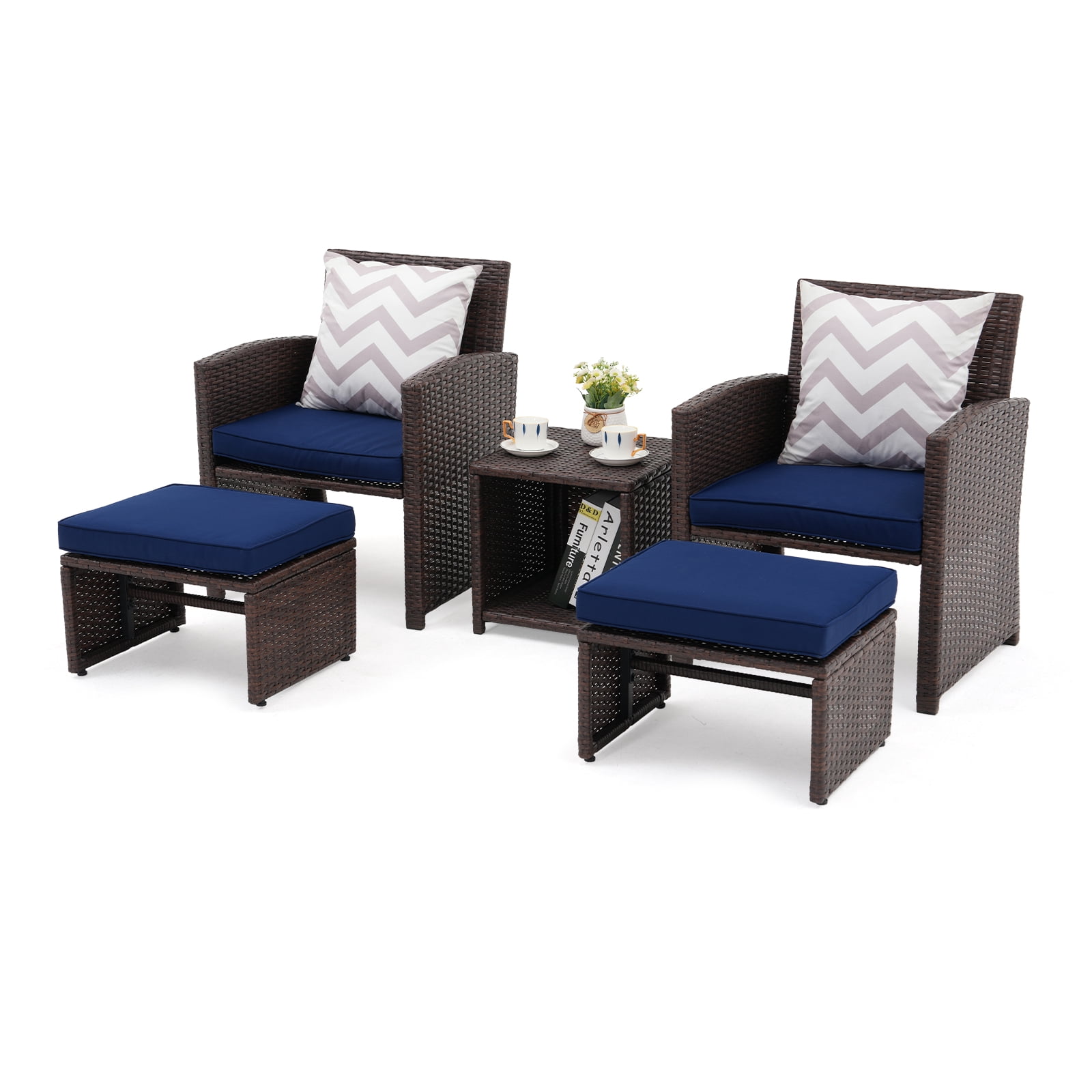 JOIVI 5-Pcs Patio Conversation Set, Balcony Furniture Set with Cushions, Brown Wicker Chair with Ottoman & Storage Table, Navy Blue