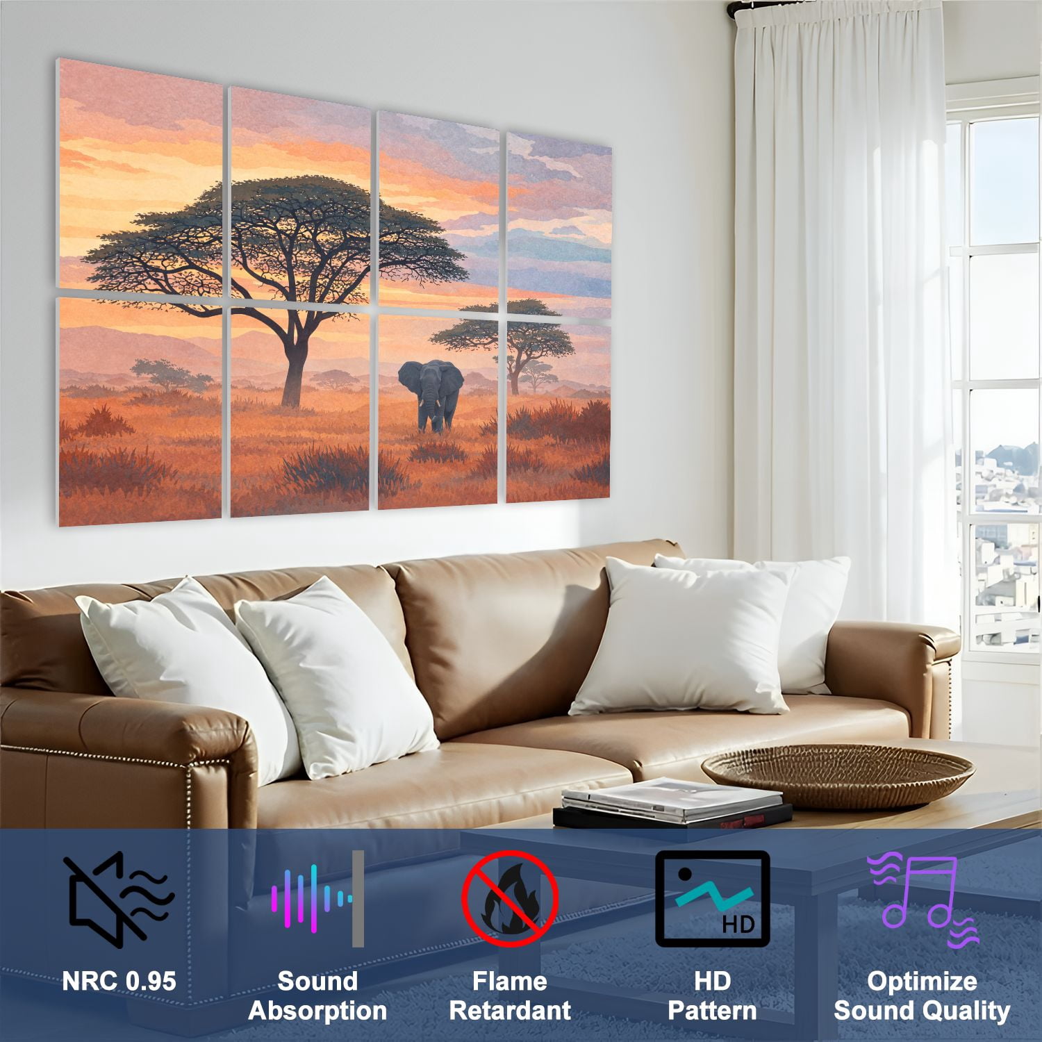 8 Pack Art Acoustic Panels Sound Absorbing Wild African elephant savannah National Park Wildlife Decorative Soundproof Wall Panels Self Adhesive for Nursery Game Room Bedroom 48"x32"