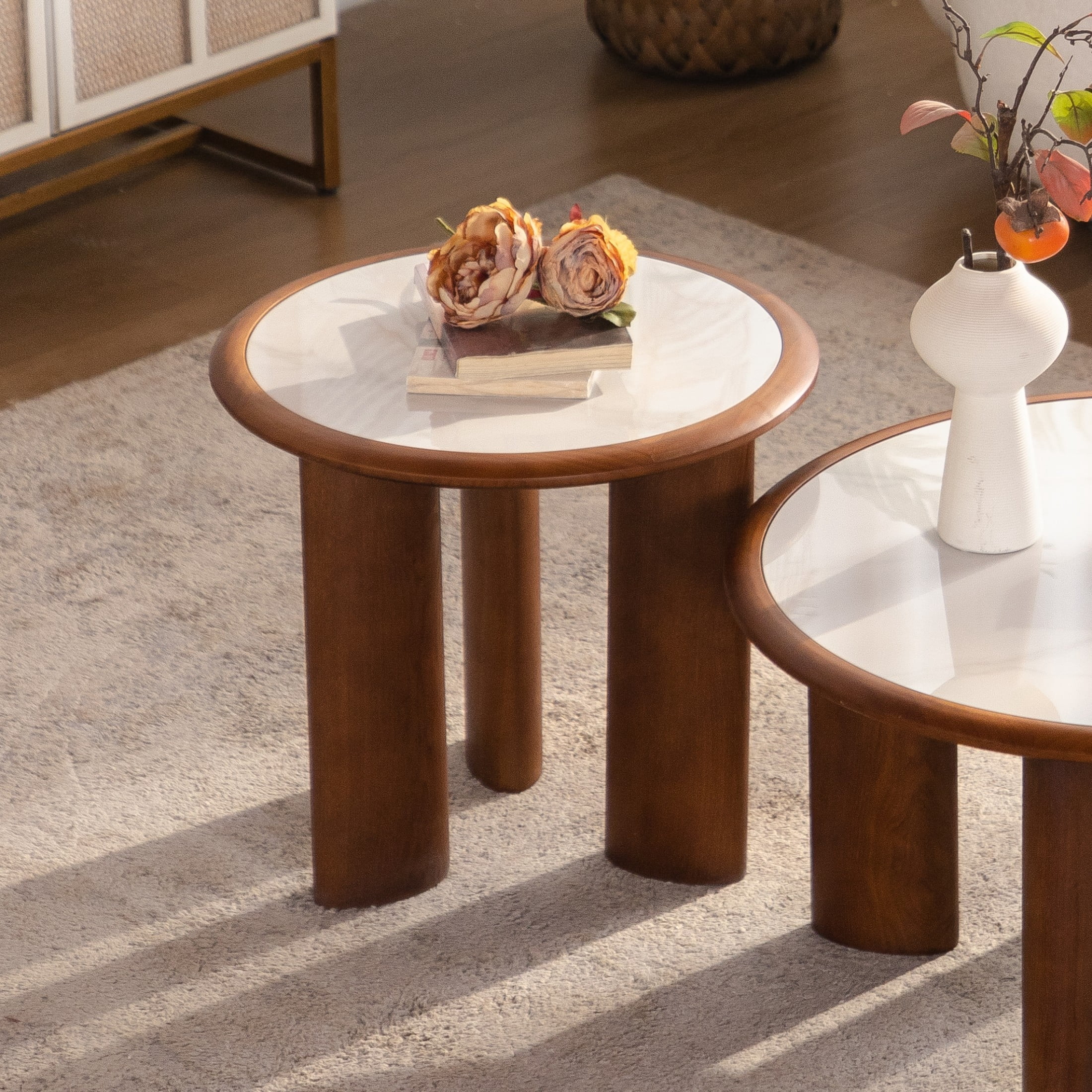 Noble House Ordis 19.49" Round Sintered Stone Coffee Table with Wood Veneer Frame & Cylindrical Legs, White & Walnut