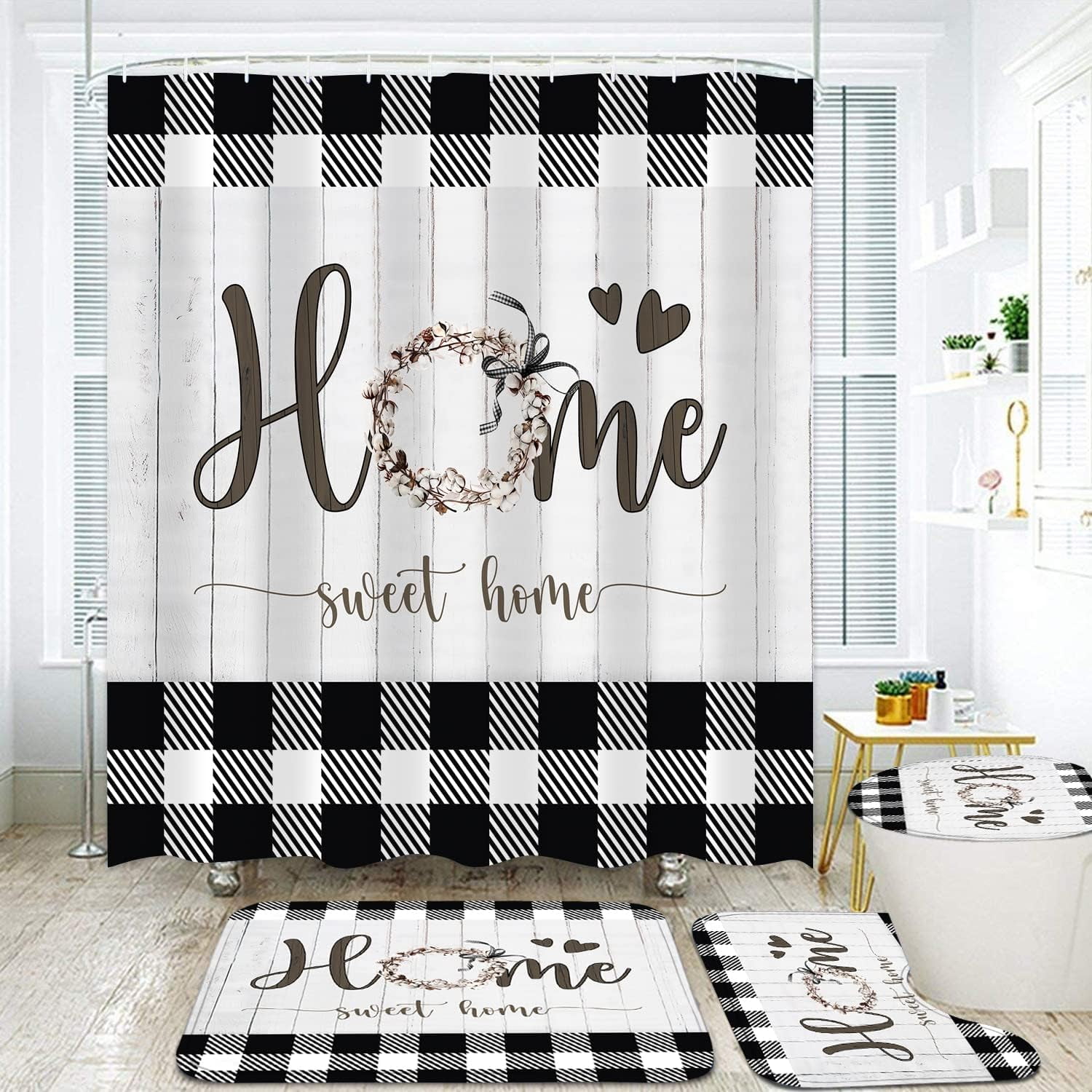 Black and White Shower Curtain Set Home Sweet Home Bathroom Sets with Rugs,Rustic Plaid Bathroom Shower Curtain Set with Carpet Bath Mat Toilet Rugs