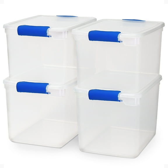 HOMZ 4-Pack 31 Qt Latching Lid, Home & Office Clear Plastic Storage Organizer Bins, Blue