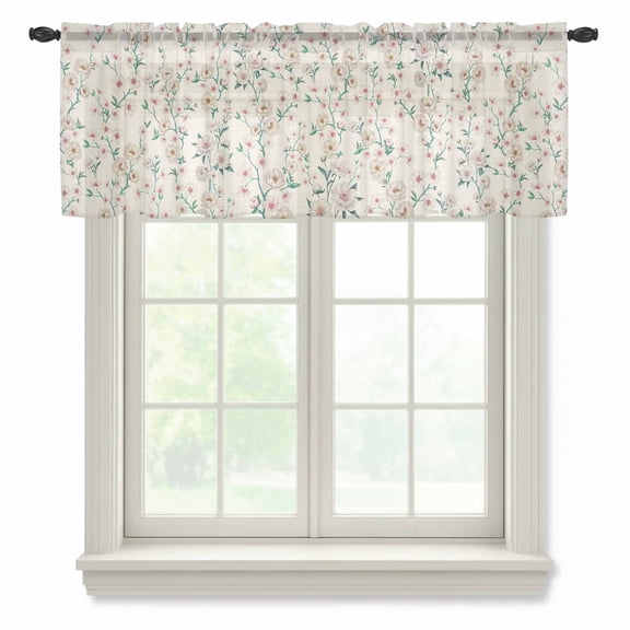 White Floral Sheer Valances for Windows, Teal Branches Leaf Spring Floral Linen Retro Semi Sheer Kitchen Valance Rod Pocket Small Voile Window Curtains for Living Room Bedroom 42 x 12 Inch