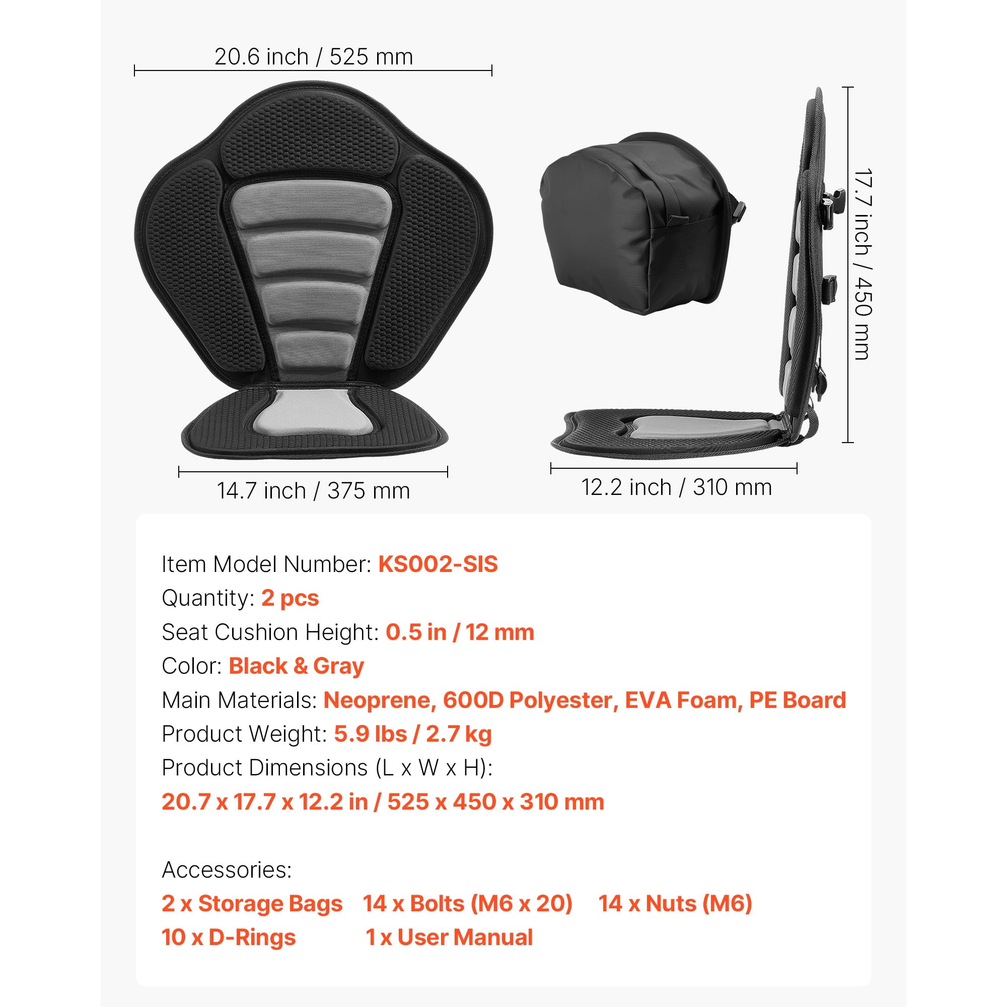 KFFKFF Kayak Seat, 2-Pack 0.5" Thick, Universal Paddle Board Seat with Backrest, Comfortable Padded Cushion Featuring Storage Bag & Adjustable Straps for SUP, Canoe, Fishing Boat,and Inflatable Kayak
