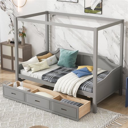 Canopy Daybed Frame with 3 in 1 Drawers for Kids Girls Boys  Twin Size Wooden Four-Poster Canopy Bed with Storage for Bedroom  Guest Room and Dorm  No Box Spring Required & Easy Assembly  Gray