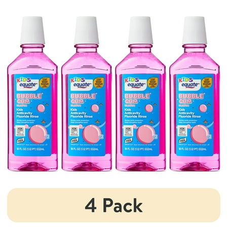 (4 pack) Equate Kids Sugar-Free Anticavity Fluoride Rinse, Bubble Gum, 18 fl oz