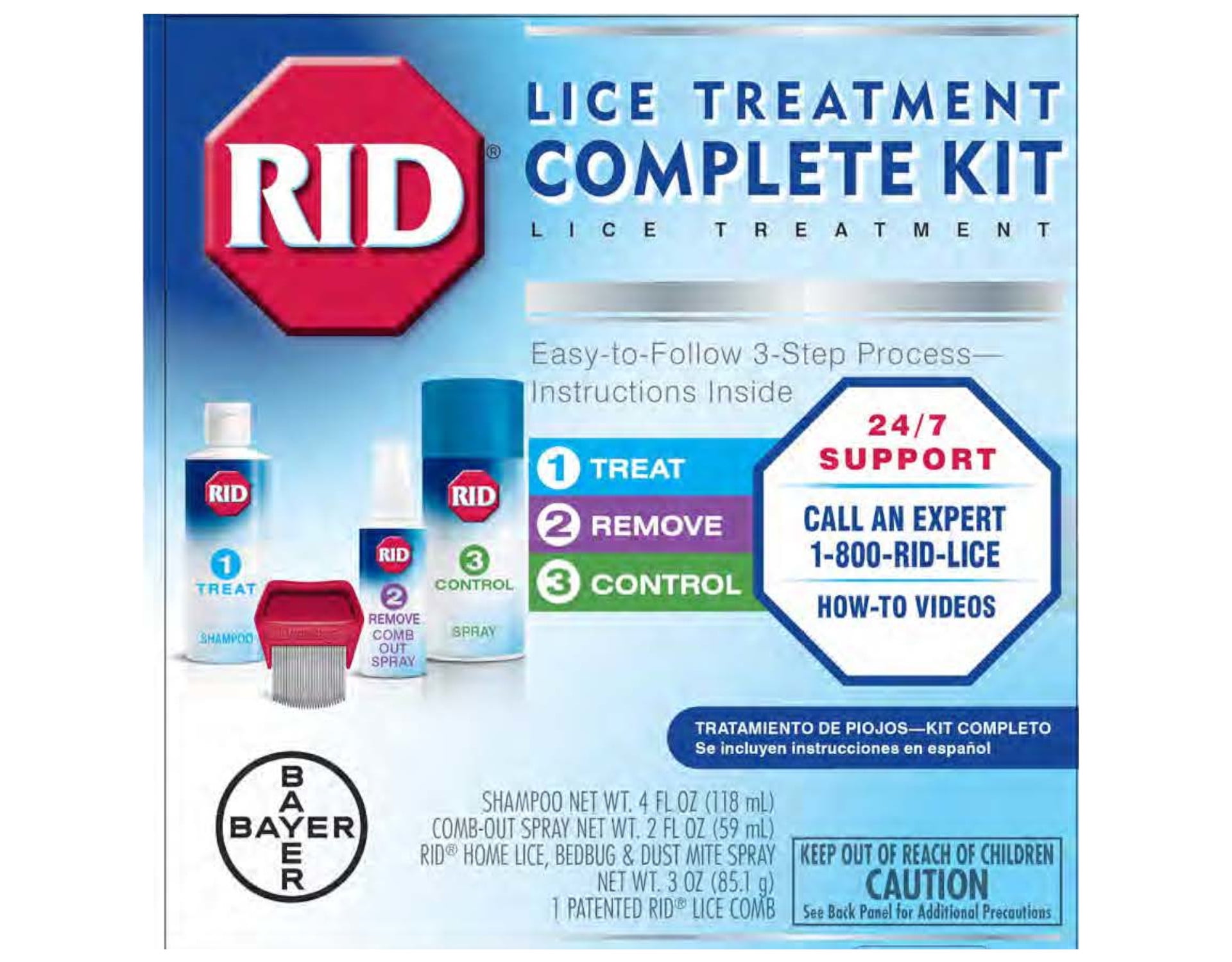 RID Brand Complete Lice Elimination Kit Shampoo Gel Spray & Lice Comb