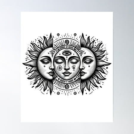 Bloom Theory Mystical Vintage Sun And Moon Faces Solar Eclipse Spiritual Boho Celestial Art Poster Wall Art, Modern Wall Decor, 8x12 UNFRAMED