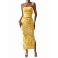 thumbnail image 3 of Women'S Summer Dress Printed Strapless Tube Bodycon Maxi Side Slit Mesh Layered Yellow XL, 3 of 9