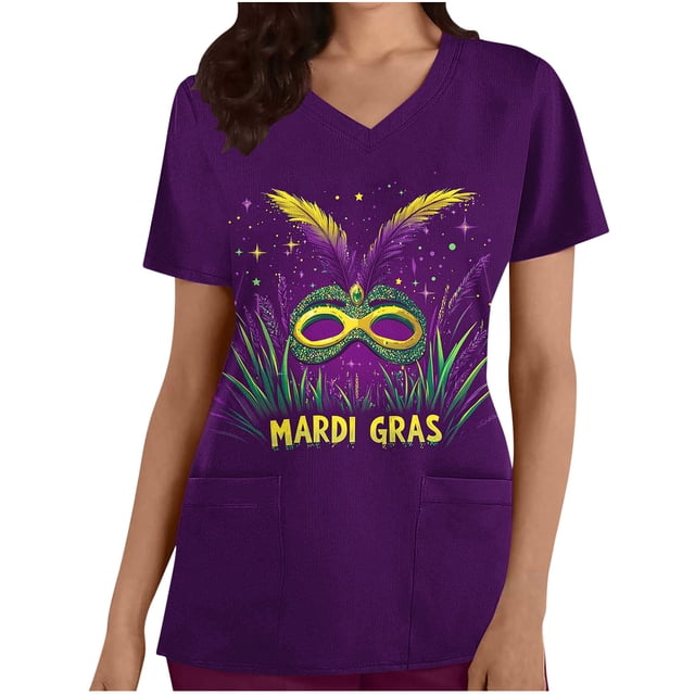 Tops Cortos para las Mujeres Impreso Bolsillo V-Cuello Enfermera Estilo Blusa, Casual Y Cómodo Manga Corta Superior