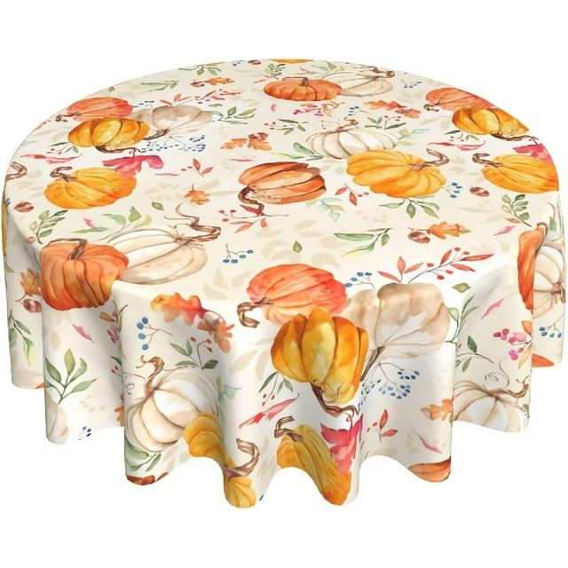Nappe Rustique d'Automne Ronde 60 Pouces Nappe Ronde de l'Action de Grâce Polyester Imperméable Lavable Nappe Citrouille Aquarelle d'Automne pour Cuisine Salle à Manger Patio Fête