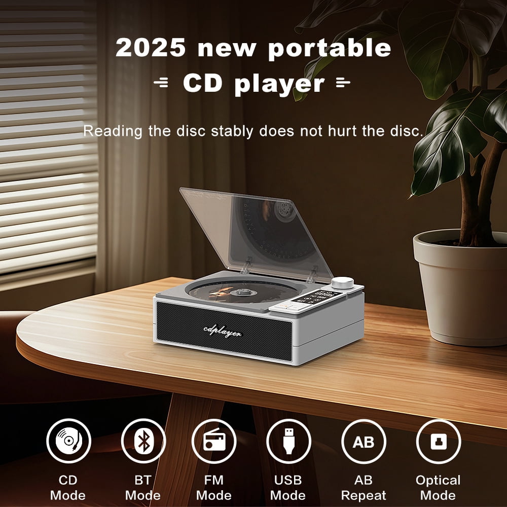 4000mAh Rechargeable CD Player with Bluetooth CD Player Wtih Dual Big Speakers,Retro CD Music Player with Remote Control, LCD Display, Support Opt/USB/AUX/3.5mm Headphone Jack for Car Or Home