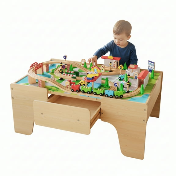 Garvee Wooden Train Table, 84 Piece Set with 1 Storage Bin, 38.2 x 24.6 x 15.6 Inch, for Toddlers 3 