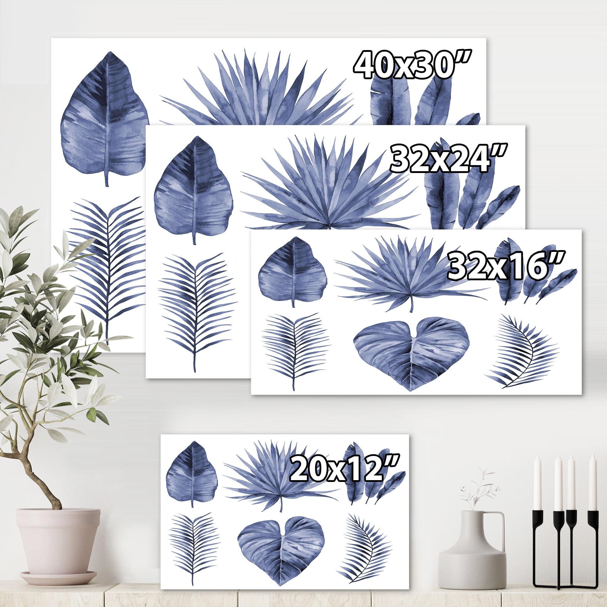 Designart ' Blue Watercolour Tropical Leaves IV ' Traditional Canvas Wall Art Print