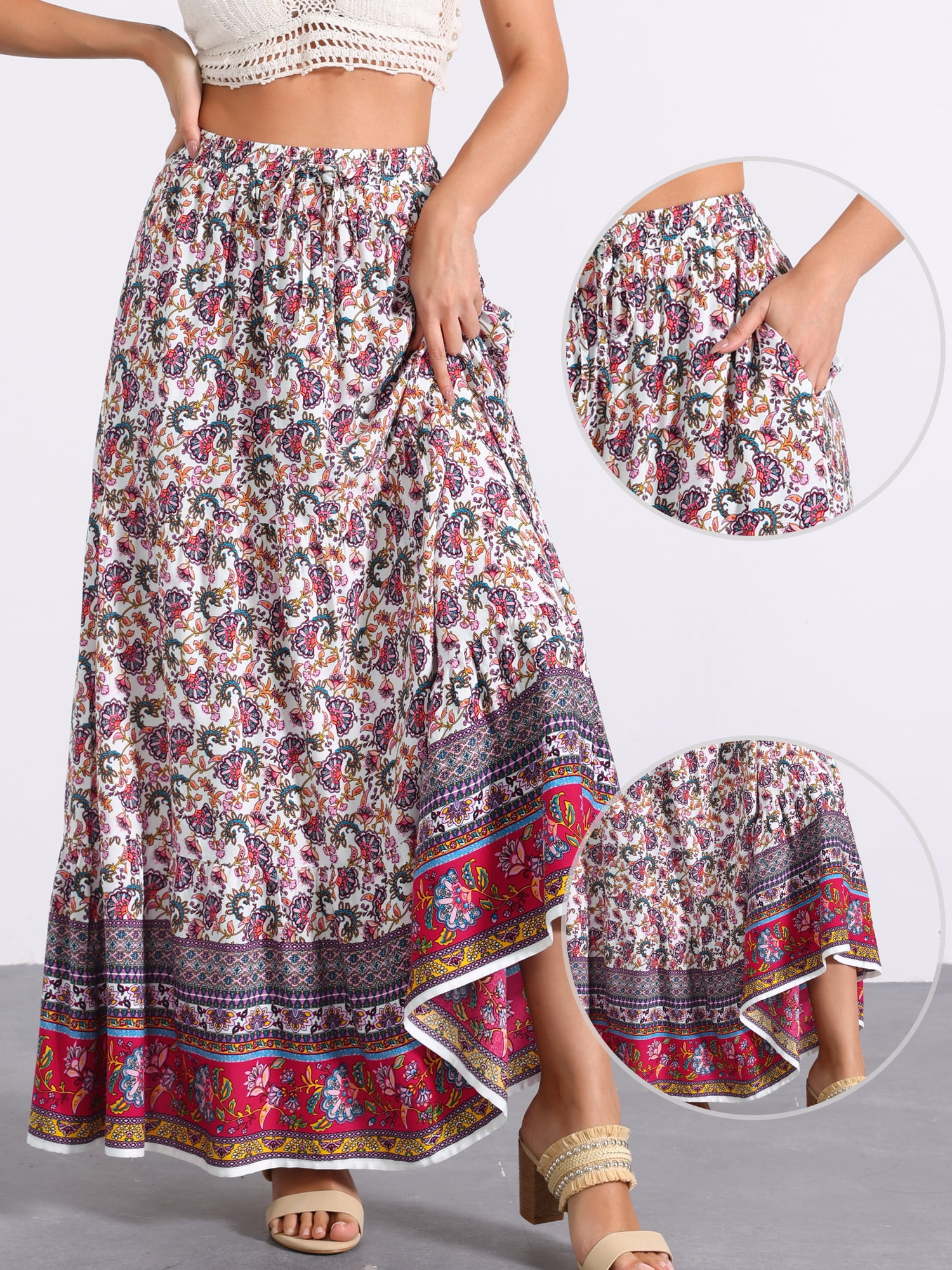 DARING DIVA Women's Boho Flare Floral Skirt XL White Purple