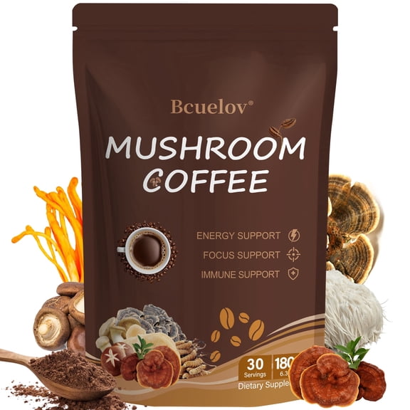 Bcuelov Instant Mushroom Coffee,with 6 Adaptogenic Mushrooms and MCT Oil for Energy, Focus, Immune Support - 30 Servings