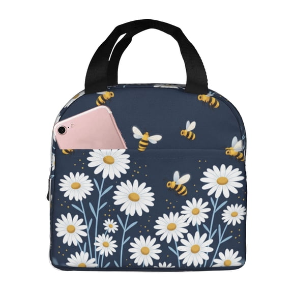 Daisy Lunch Bag Floral Bee Pattern Insulated Leakproof Thermal Reusable With Front Pocket For Work Office Travel Picnic