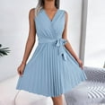 thumbnail image 2 of VSSSJ Women's Cross V Neck Sleeveless Tunic Mini Pleated Dresses Solid Color Belted Slim Elegant A-Line Swing Summer Short Dress Blue L, 2 of 7