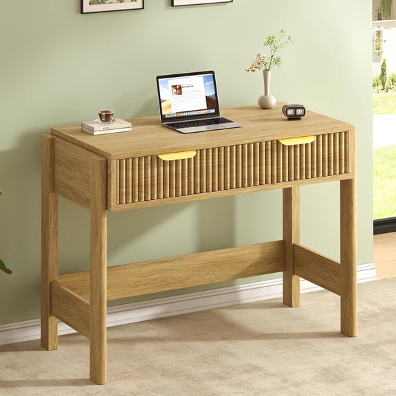 34 Inch Small Fluted Computer Desk with Drawer for Bedroom, Home Office