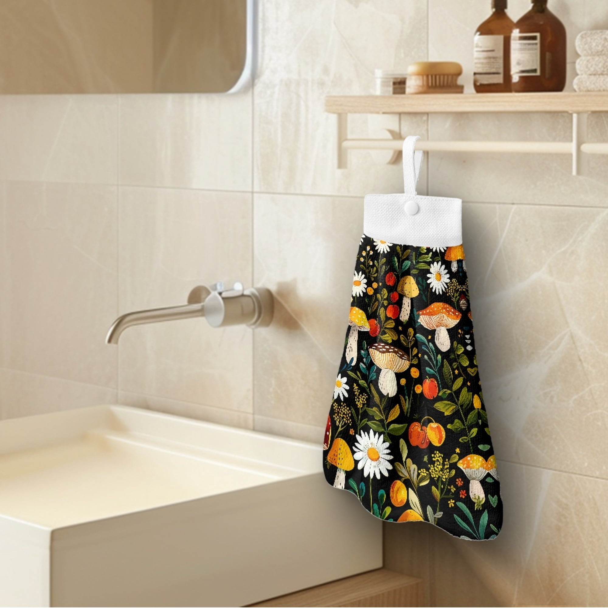 SEANATIVE Mushroom Hand Towels for Bathroom Decorative Set of 2 Aesthetic Hanging Hand Towel with Button Loop Lightweight Hanging Tie Towel Highly Absorbent Hang Towel for Wiping Hands