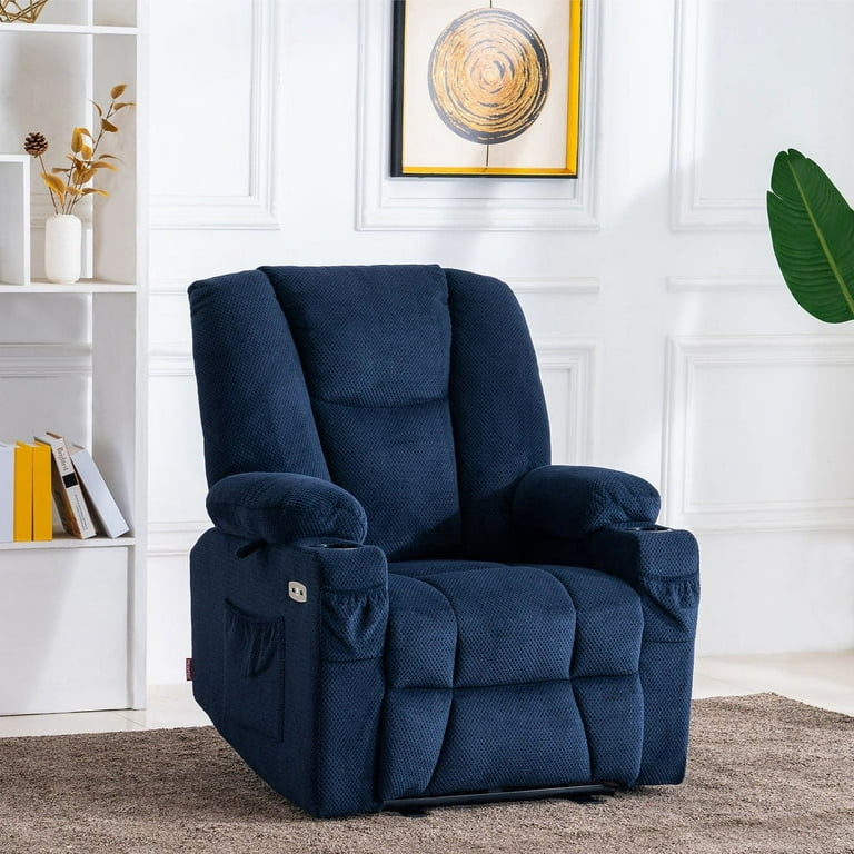 MCombo Electric Power Recliner Chair with Vibration Heat Extended Footrest Cup Holders Navy Blue Walmart