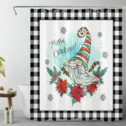 HVEST Merry Christmas Shower Curtain, Snowflake and Cute Gnome on Black and White Plaid Bathroom Shower Curtain Farmhouse Flower Plant Polyester Fabric Decor Curtain with Hooks, 60X72 inch